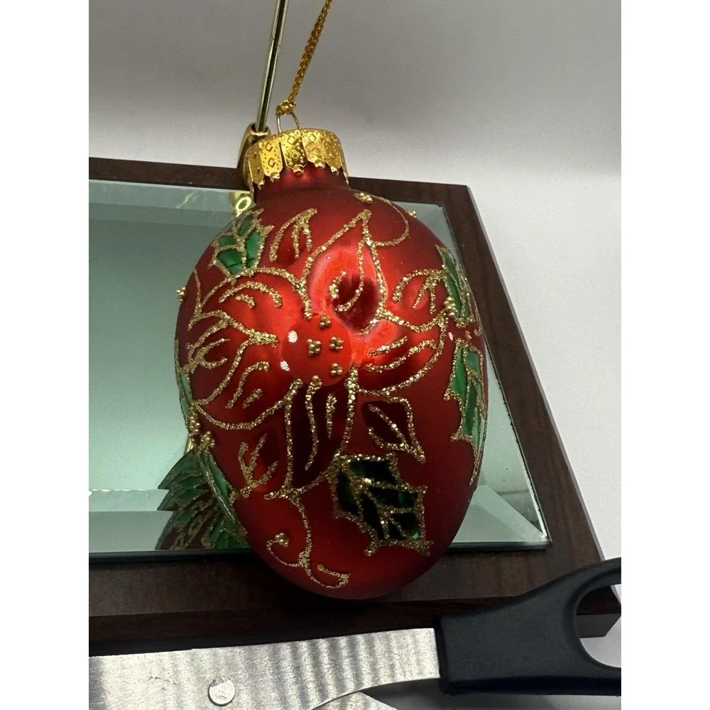 Dept‎ 56 Hand Crafted Glass Egg Ornament RED poinsettia Gold Glitter
